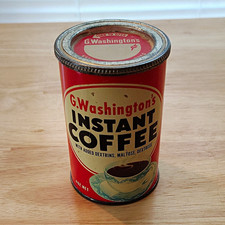Vintage G. Washington's Instant Coffee Tin Can w/ Lid, Red/Beige/Black 4oz picture