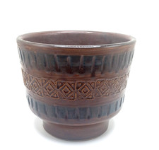 Vintage Mid Century Modern Brown Ceramic Pot w Embossed Geometric Band Pattern picture