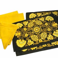 Vintage Retro MCM Irish Linen 4 Placemats & 4 Napkins Set Brown Yellow Floral picture