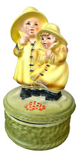 Vintage Porcelain Music Box Yellow Slickers Kids Raindrops Falling on My Head picture