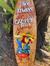 It's Always Happy Hour Drinking Parrot Airbrushed Surfboard Wall Plaque Tiki picture