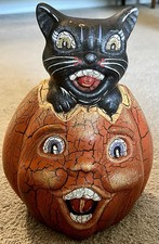 Vtg Primitive Style Ceramic Halloween Pumpkin Jack O Lantern Black Cat Figurine picture