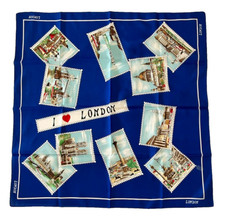 Vintage  1960's London England  Souvenir  Dark Navy Blue  Square Scarf picture