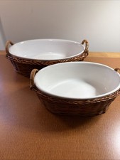 Nesting Stoneware In Woven Baskets - Vintage - White - Set of 2- 10” & 7” picture