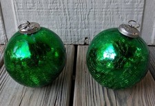 Vtg Kugel Style Christmas Balls Crackled Green Hand Blown Glass 4