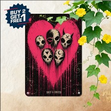 Pink Splatter Heart Skull Art Tin Sign Modern Gothic Grunge Bedroom Metal Plaque picture