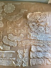 Huge 75 Piece Handmade Antique Lace Crochet Collection Collars Cuffs Trim picture