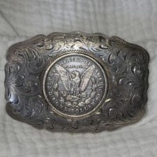Vintage Hand Engraved Sterling Silver Belt Buckle W/ 1921 Morgan Dollar 72g picture
