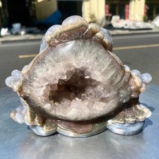 3.6LB Natural Amethyst agate geode quartz crystal Hand carved Golden Toad picture