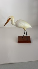 Vintage Hand-Carved Wooden Egret Figurine on Block Base picture