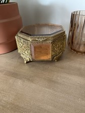 VINTAGE ORMOLU 8 SIDED OCTAGON CASKET TUFTED JEWELRY BOX AMBER BEVELED GLASS picture