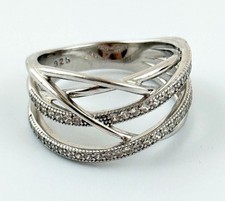 Vtg 925 Sterling Silver CZ Criss Cross Crossover Ring Size 7 Openwork Band picture
