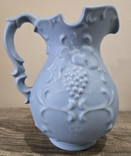 VINTAGE LIGHT BLUE CERAMIC PITCHER GRAPES AND LEAVES SCROLLED HANDLE 7.5 in TALL picture