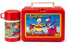 Vintage 1989 Flintstones The Dinos Denny's Lunch Box Thermos Complete Red Set picture
