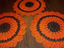 3  ORANGE AND BLACK  10 1/2 INCH HALLOWEEN OR FALL DECOR DOILIES   NEW/HANDMADE picture