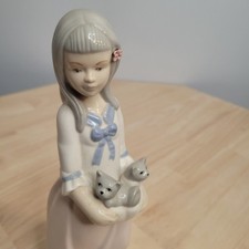 Vtg Torralba Hand Made Spain Porcelain Girl Holding Two Gray Kittens Figurine 9 picture