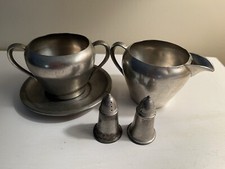 Pewter Set Tray Creamer Sugar Salt Pepper Shakers 3432 On Tray picture