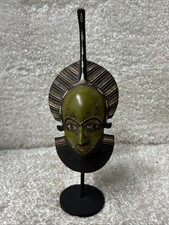 Vintage African Baule Portrait Mask Hand Carved Wood Cote dIvoire Art With Stand picture
