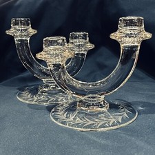Vintage Pair Of Fostoria Holly, Etched Double Candlesticks Excellent Condition  picture