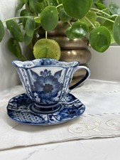 Blue Gzhel Porcelain Flower Teacup and Saucer Authentic Russian Teacup Scalloped picture