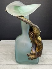 Vtg Filip Ravert Hand Blown Art Frosted Fluted Green Vase Copper Overlay Signed picture