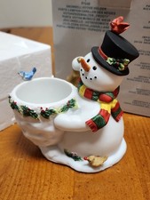 NIB Vtg Partylite Snowbell Candle Holder Snowman holly birds Ceramic Christmas picture