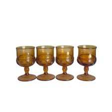(4) Amber Indiana Glass Thumbprint Kings Crown Goblets Cordial Glass 4 1/4” VTG picture
