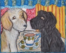 GOLDENDOODLE Drinking Tea 8.5 x 11 Signed Dog Art Print Artist KSams picture