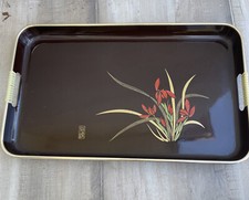 VINTAGE MID CENTURY BROWN LACQUER WARE SERVING TRAY RED IRIS FLOWERS JAPAN picture