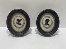 Vintage Silhouette Cross Stitch Needlepoint Pair Oval Frames Man Woman Victorian picture