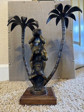 3 Wise Monkeys Brass/Bronze Taper Candle Holder On Wood Base picture