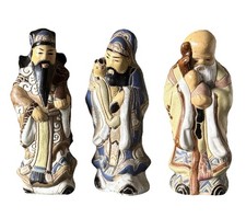 Antique Chinese Fu Lu Shou 3 Gods Pottery Hand Painted Statues 7.5” High READ picture