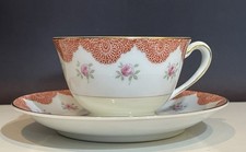Vintage Aichi China Teacup & Saucer Made Occupied Japan Orange Lace Pink Rose picture