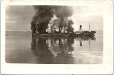 1920s Large Steam Ship on Fire Sinking at Sea Ocean Disaster Vintage Photo picture