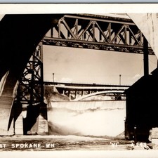 c1940s Spokane, WA Falls Monroe Street Bridge RPPC Steel Truss River Postcard picture