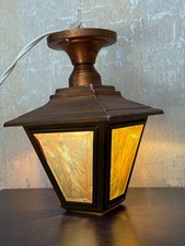 Vintage Union Made Copper Tone Hanging Lantern Ceiling Light Textured Glass 1960 picture