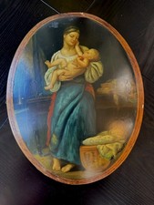 Antique 1800s Rare Hand Painted Wood Plaque Madonna & Child Signed Italy 16