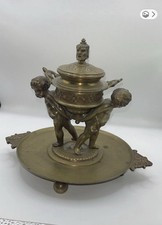 Antique Magnificent 19thCentury Bronze Desk InkwellSupported By 2 Cherubs picture