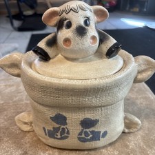 Vintage Cow In Burlap Gunny Sack Ceramic Cookie Jar 10”w x 8”h picture