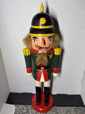 Vtg Wooden Nutcracker Soldier Hand Painted Straw Mustache 15 Inch picture