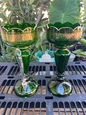 2 Rare Antique Bohemian Emerald glass  12.5” Mantle Lusters -8 crystals each picture