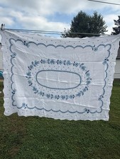 Vintage Hand Embroidered Blue Floral White Linen Tablecloth picture