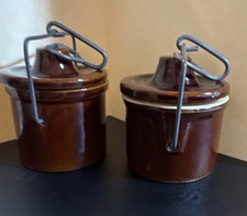 2 Vintage Brown Glazed Stoneware Crock with Bail Lid 4.5 picture