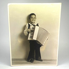 Black & White Portrait Photograph Print of Boy with Accordion on Paper, Unframed picture