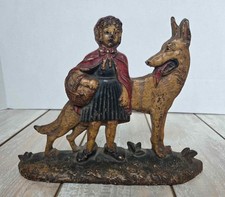 ANTIQUE NUYDEA LITTLE RED RIDING HOOD WOLF GIRL HOME CAST IRON DOOR DOORSTOP USA picture