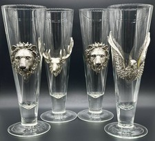 (4) ARTHUR COURT~VTG Pilsner Beer Wine Glasses~2 Lions~Buck Deer~Eagle~9