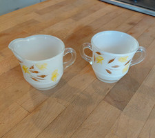 Bartlett-Collins Milk Glass Creamer & Sugar Bowl Set Floral Yellow Brown Handles picture