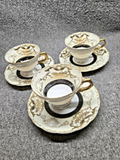 Vtg Royal Sealy China-Teacup & Saucer-Black & White with Gold accents Set of 3 picture
