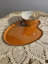 Vintage Czech Phoenix China Lusterware Snack Tray Set Of 6 Orange Yellow Black picture