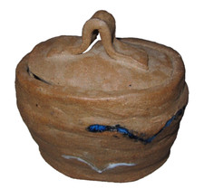 Vintage handmade ceramic covered box, light brown w blue & white designs picture